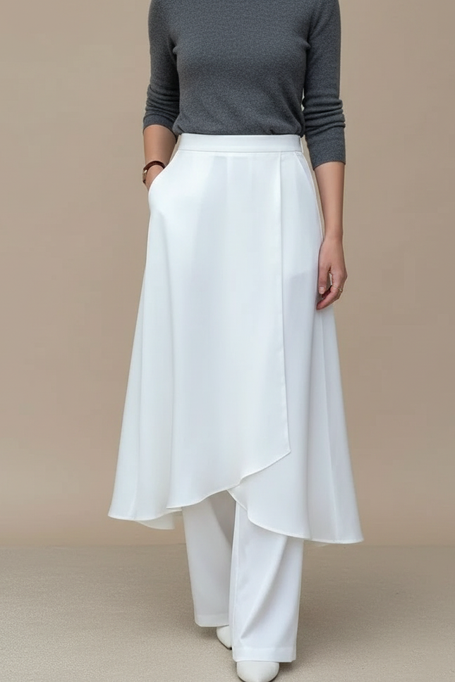 Pantalon Jupe Blanc Satiné Fluide Superposé Élégant