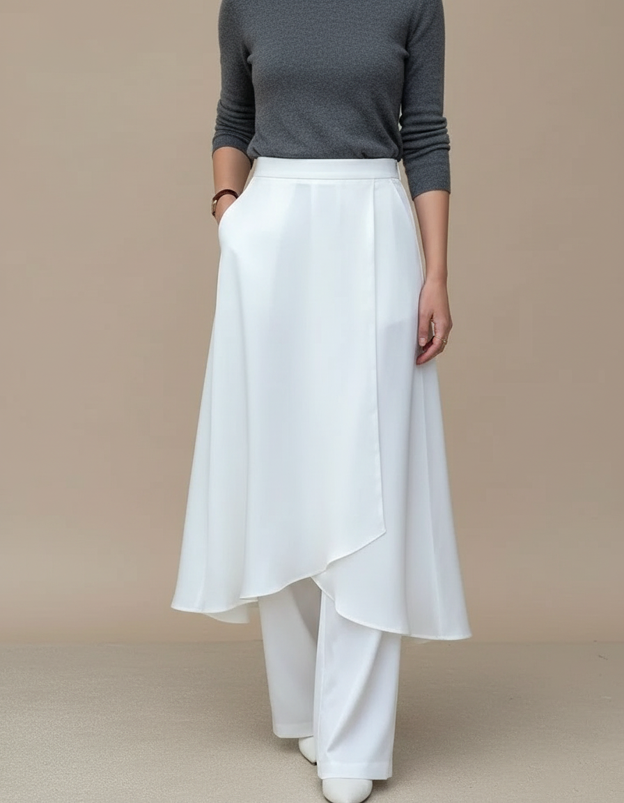 Pantalon Jupe Blanc Satiné Fluide Superposé Élégant