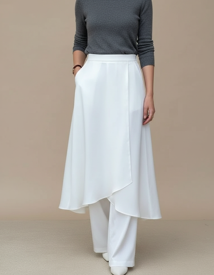 Pantalon Jupe Blanc Satiné Fluide Superposé Élégant