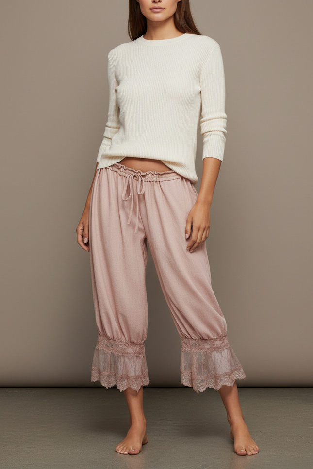 Pantalon Jupe Rose Poudré Ample Dentelle Bohème - Viscose