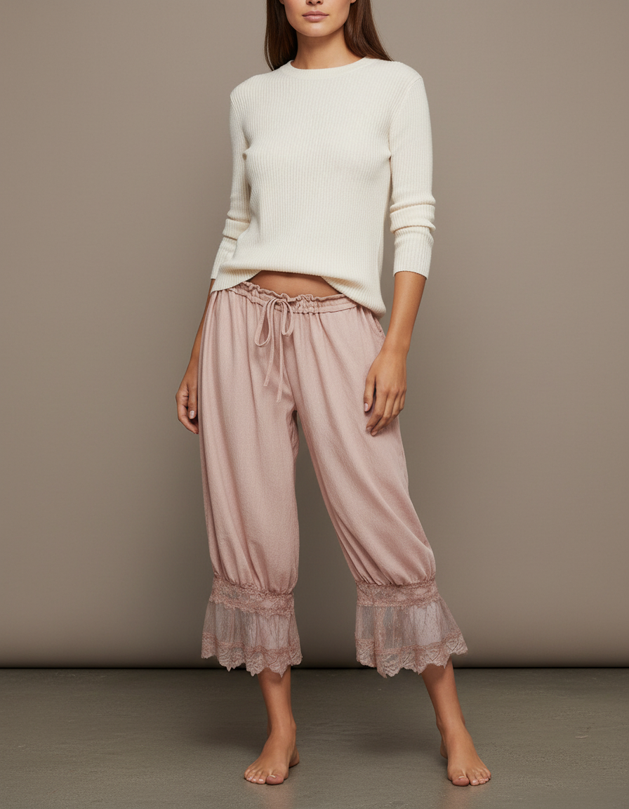 Pantalon Jupe Rose Poudré Ample Dentelle Bohème - Viscose