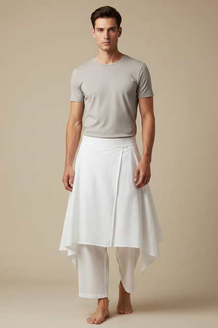 Pantalon Jupe Blanc Coton Ample Asymétrique Homme