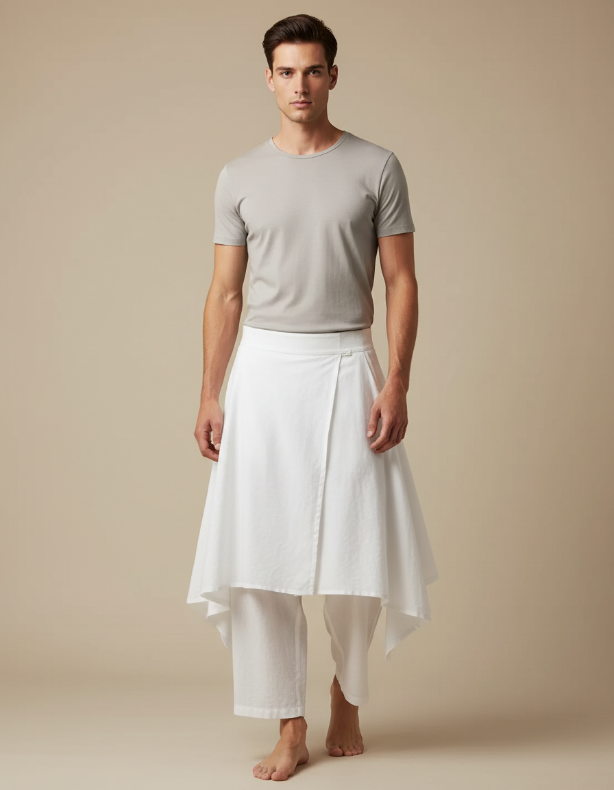 Pantalon Jupe Blanc Coton Ample Asymétrique Homme