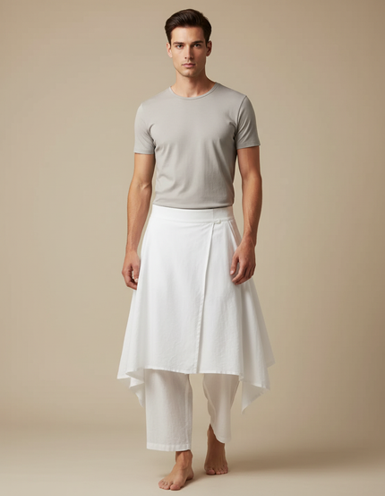Pantalon Jupe Blanc Coton Ample Asymétrique Homme