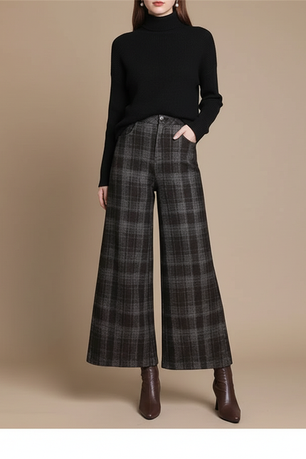 Pantalon Jupe Carreaux Laine Ample Évasé Élégant Femme - Gris