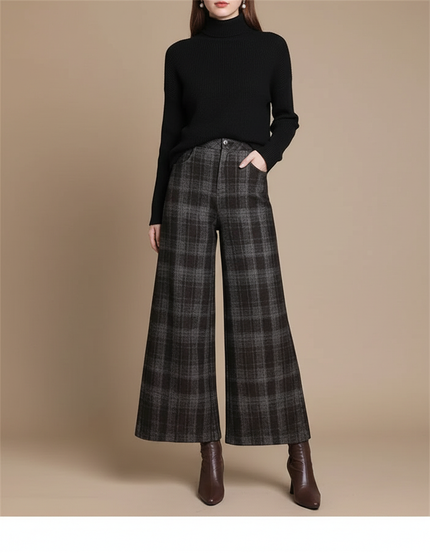 Pantalon Jupe Carreaux Laine Ample Évasé Élégant Femme - Gris
