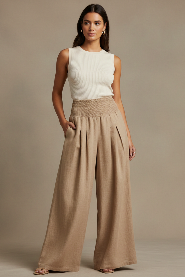 Pantalon Jupe Beige Lin Plissé Ample Fluide
