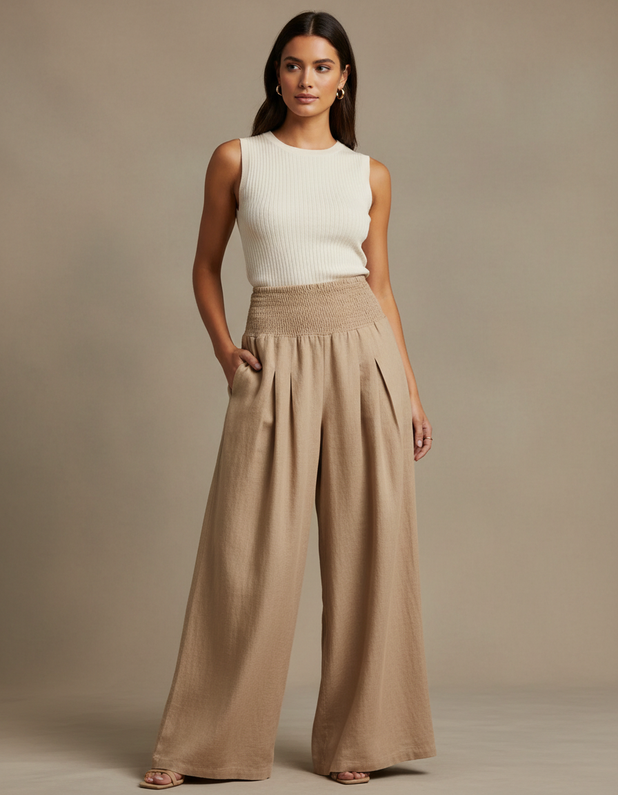 Pantalon Jupe Beige Lin Plissé Ample Fluide