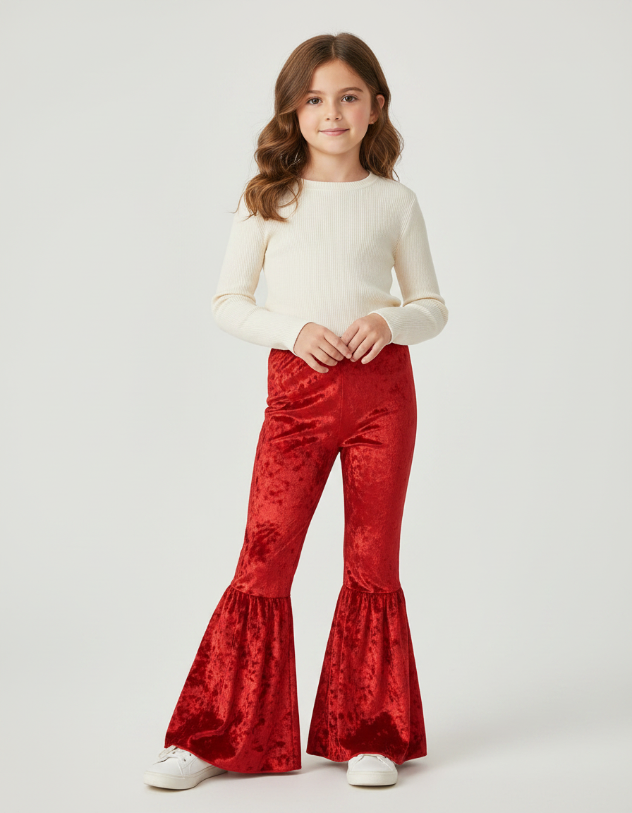 Pantalon Jupe Rouge Velours Évasé Volants Fille