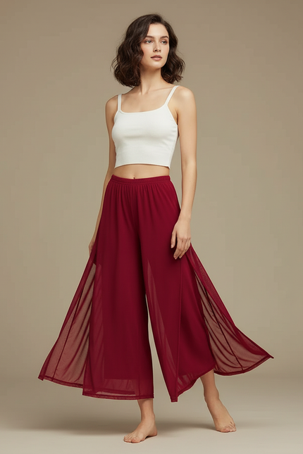 Pantalon Jupe Rouge Fluide Fendu Chiffon Léger - Bordeaux Polyester