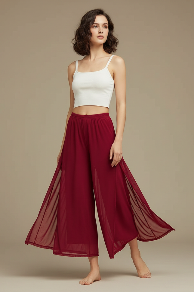 Pantalon Jupe Rouge Fluide Fendu Chiffon Léger - Bordeaux Polyester