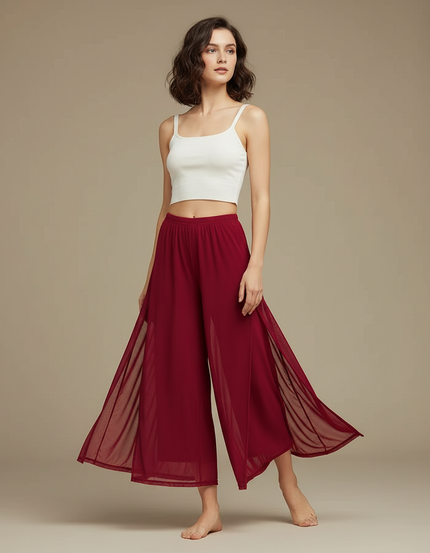 Pantalon Jupe Rouge Fluide Fendu Chiffon Léger - Bordeaux Polyester
