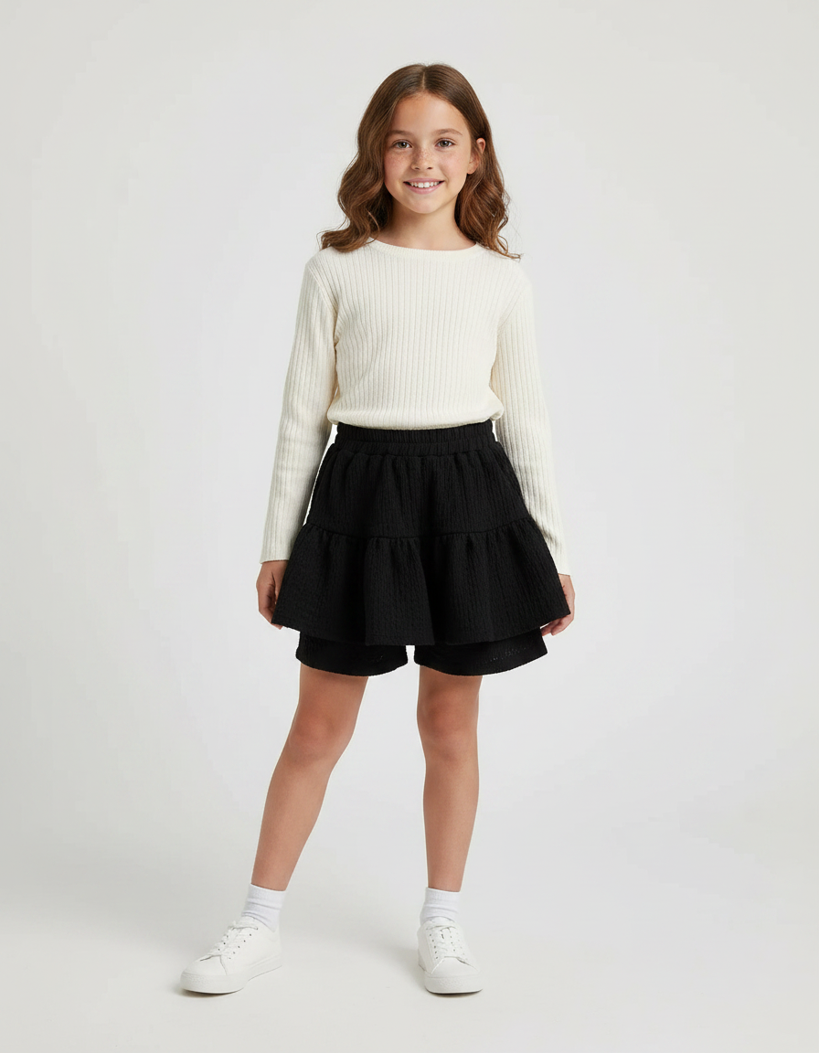 Pantalon Jupe Noir Volants Texturé Fille Été - Maille