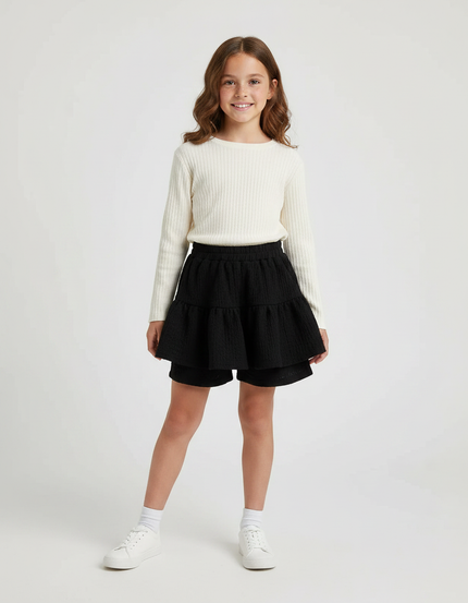 Pantalon Jupe Noir Volants Texturé Fille Été - Maille