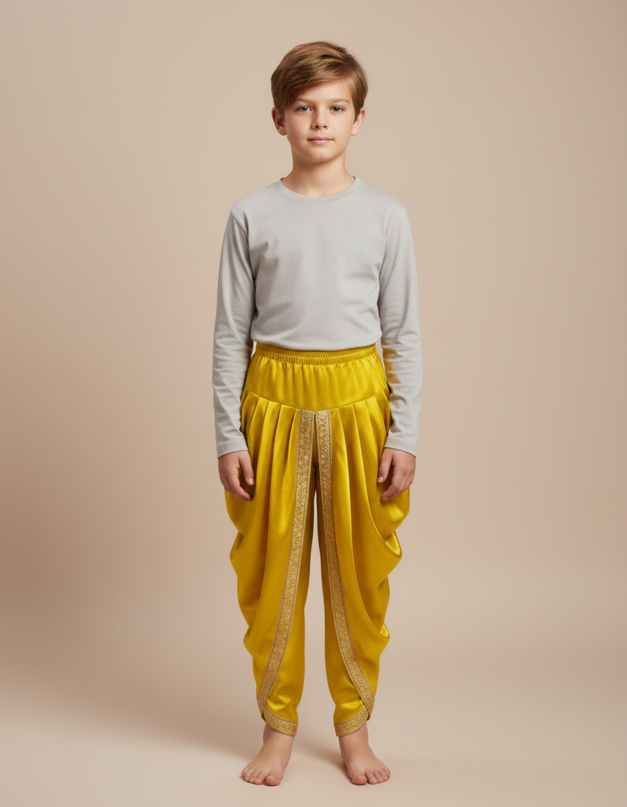 Pantalon Jupe Satiné Jaune Drapé Doré Enfant