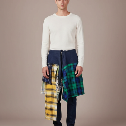 Pantalon Jupe Denim Plaid Irrégulier Décontracté Homme - Marine Jean