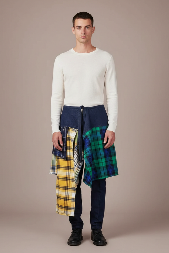 Pantalon Jupe Denim Plaid Irrégulier Décontracté Homme - Marine Jean