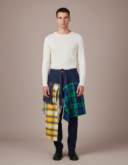 Pantalon Jupe Denim Plaid Irrégulier Décontracté Homme - Marine Jean