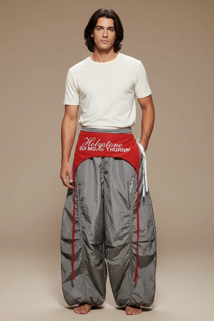 Pantalon Jupe Gris Fluide Ample Sportif Rouge - Polyester