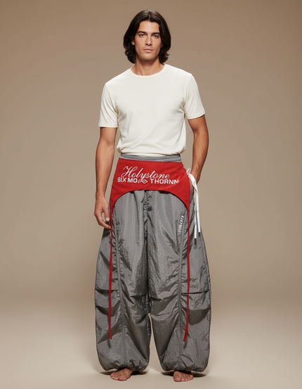 Pantalon Jupe Gris Fluide Ample Sportif Rouge - Polyester