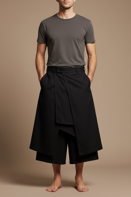 Pantalon Jupe Noir Asymétrique Ample Décontracté Homme - Toile