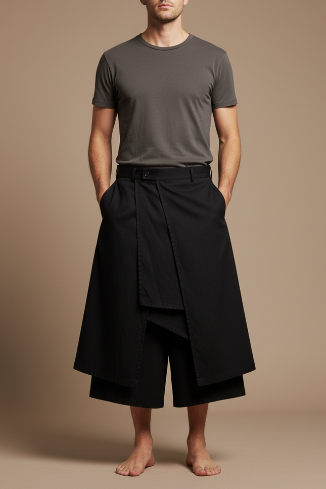 Pantalon Jupe Noir Asymétrique Ample Décontracté Homme - Toile
