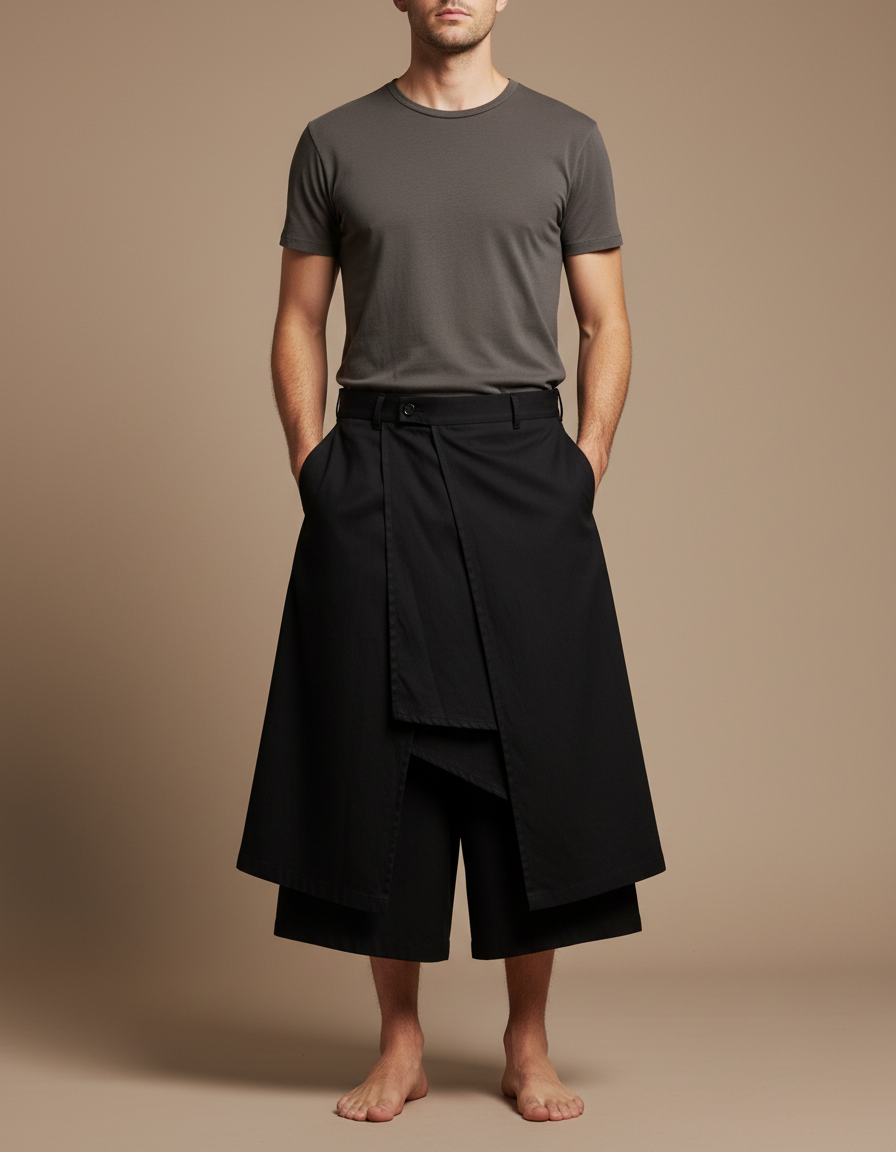 Pantalon Jupe Noir Asymétrique Ample Décontracté Homme - Toile