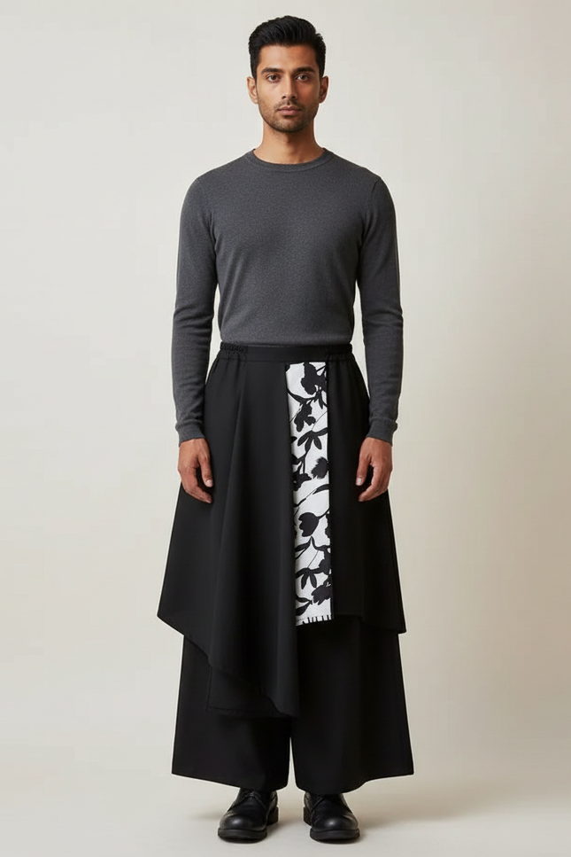 Pantalon Jupe Noir Asymétrique Imprimé Floral Ample - Polyester