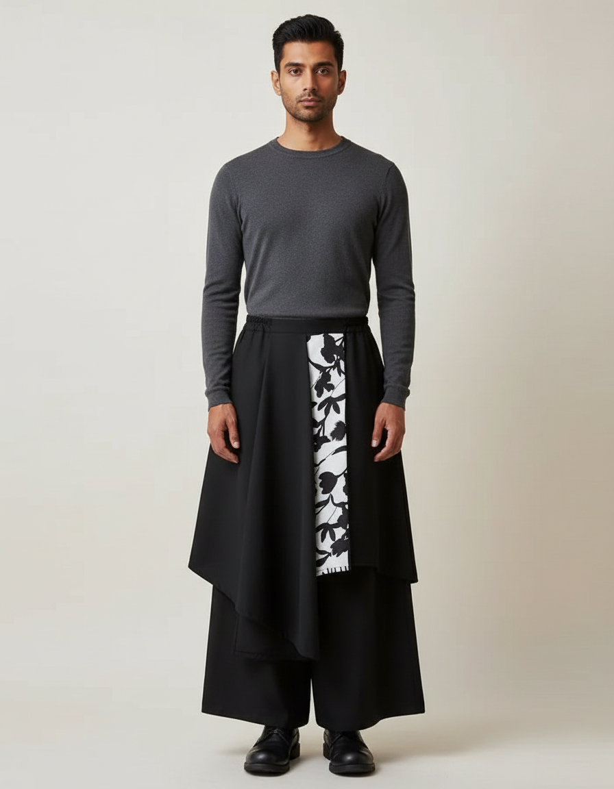 Pantalon Jupe Noir Asymétrique Imprimé Floral Ample - Polyester