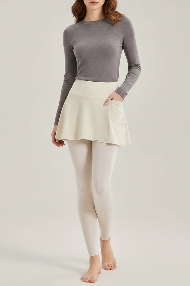 Pantalon Jupe Crème Intégré Sportif Stretch Léger - Beige Polyester