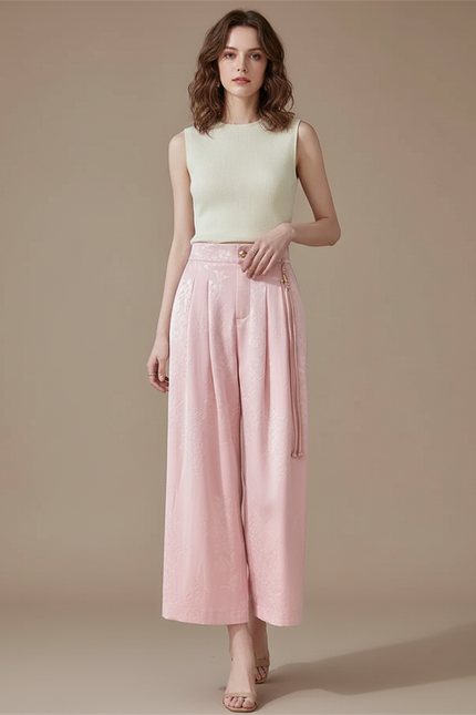 Pantalon Jupe Rose Jacquard Satin Ample Élégant