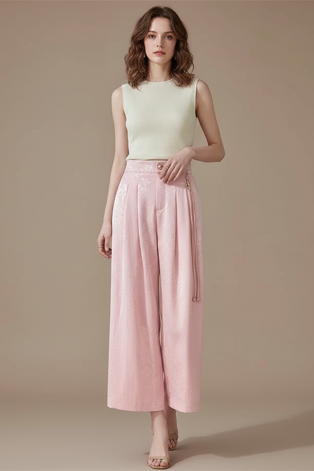 Pantalon Jupe Rose Jacquard Satin Ample Élégant