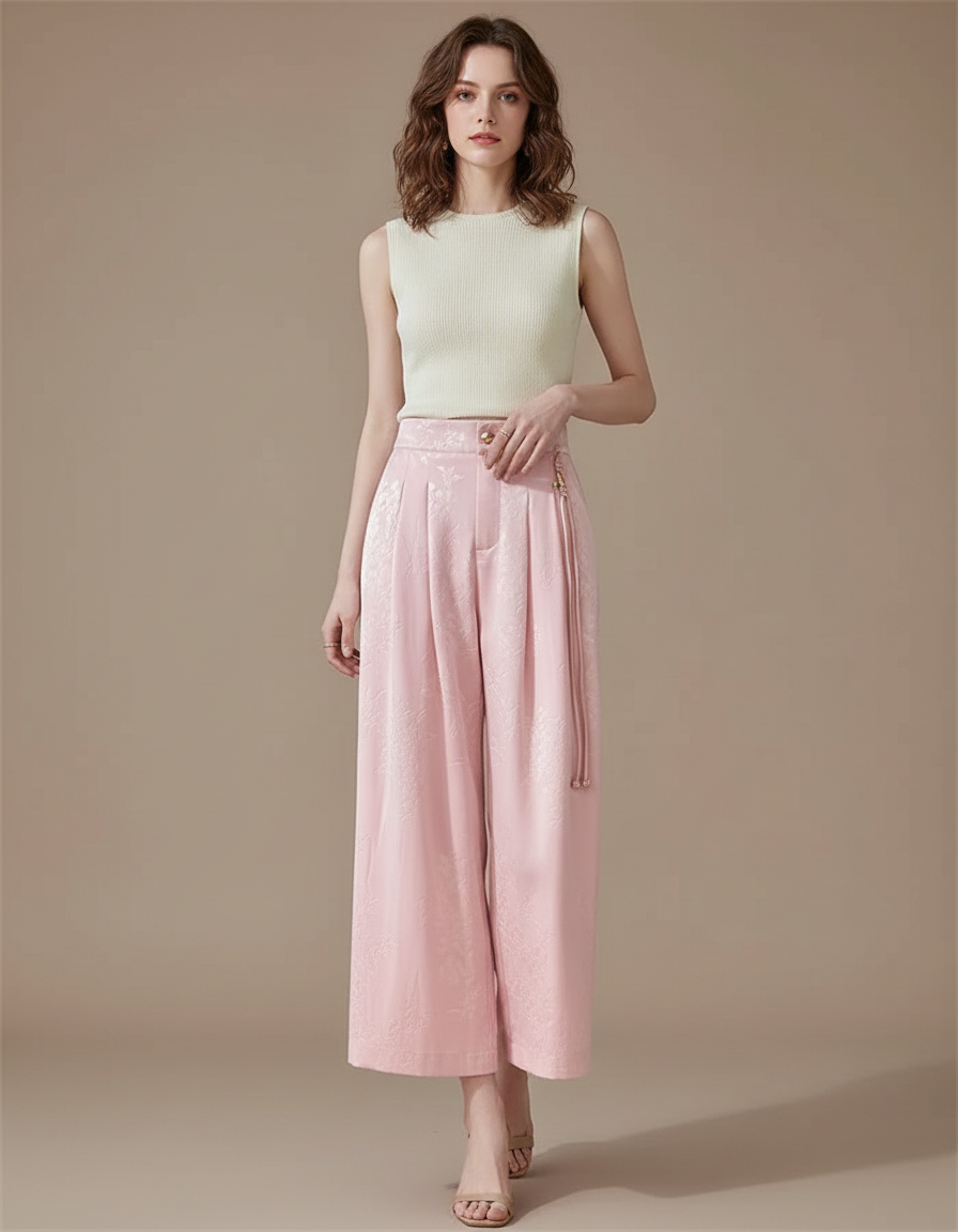 Pantalon Jupe Rose Jacquard Satin Ample Élégant