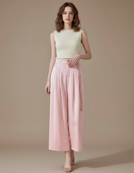 Pantalon Jupe Rose Jacquard Satin Ample Élégant