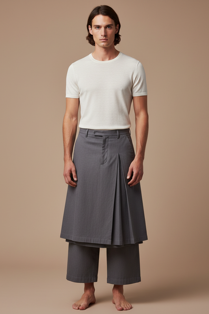 Pantalon Jupe Gris Plissé Superposé Ample Homme - Gabardine
