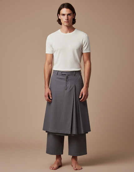 Pantalon Jupe Gris Plissé Superposé Ample Homme - Gabardine