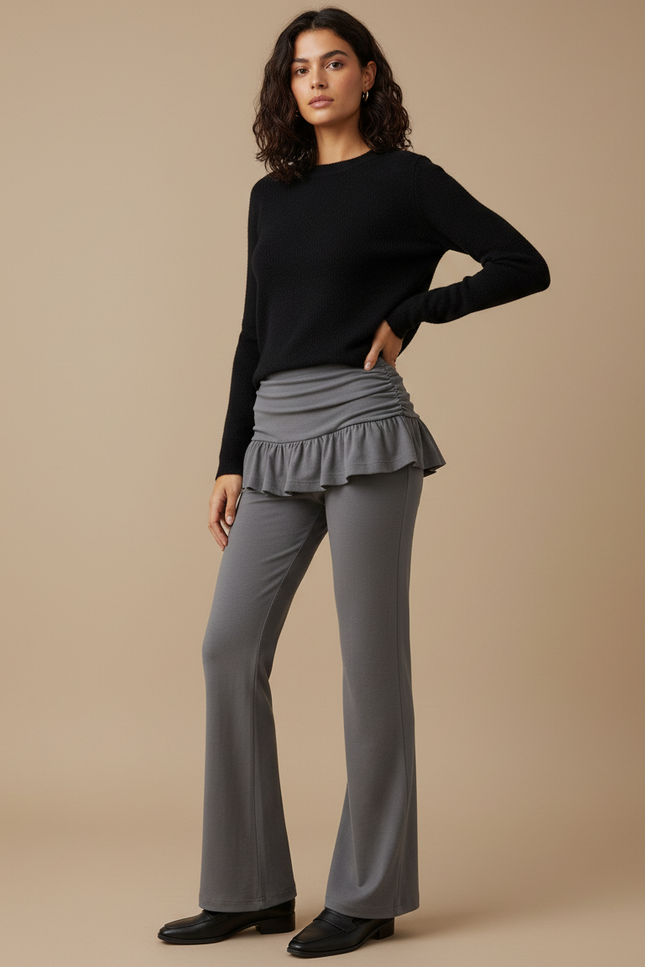 Pantalon Jupe Gris Évasé Volants Taille Haute Élégant - Maille