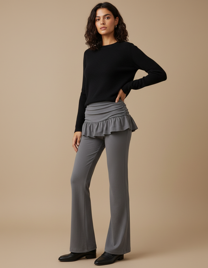Pantalon Jupe Gris Évasé Volants Taille Haute Élégant - Maille