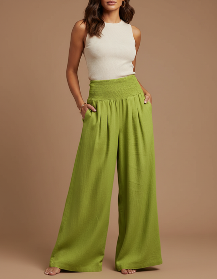 Pantalon Jupe Vert Citron Ample Fluide Smocké Décontracté - Lin