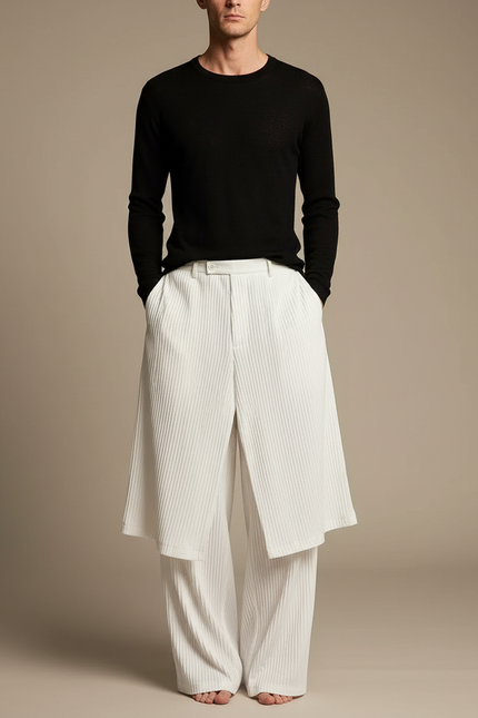 Pantalon Jupe Blanc Plissé Droit Élégant Homme - Cordé