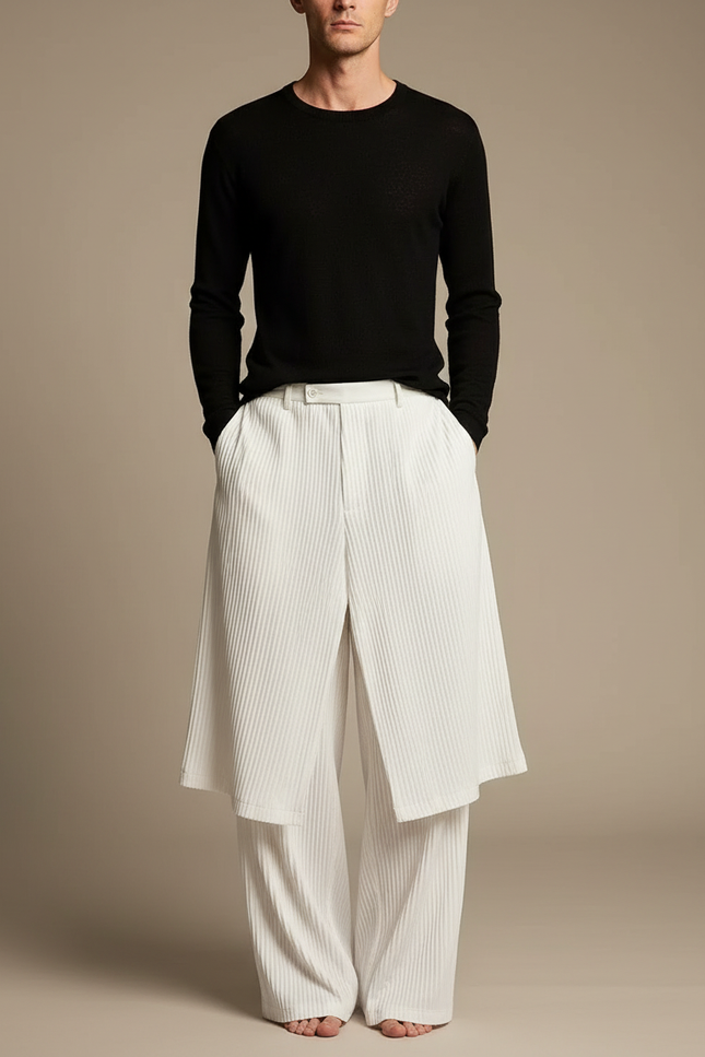 Pantalon Jupe Blanc Plissé Droit Élégant Homme - Cordé