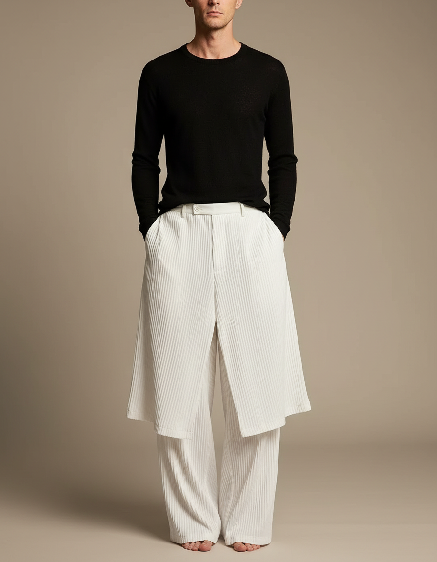 Pantalon Jupe Blanc Plissé Droit Élégant Homme - Cordé