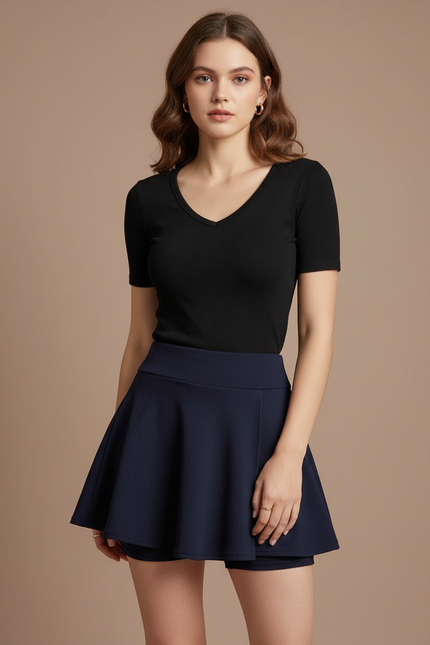 Pantalon Jupe Bleu Marine Évasé Plissé Court - Maille