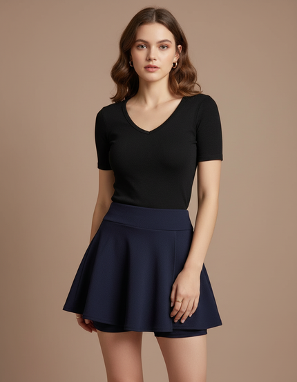 Pantalon Jupe Bleu Marine Évasé Plissé Court - Maille