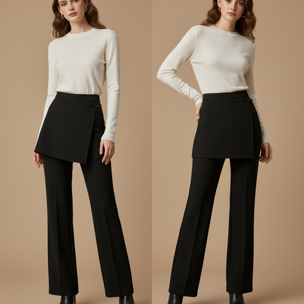 Pantalon Jupe Noir Droit Superposé Élégant Femme - Gabardine