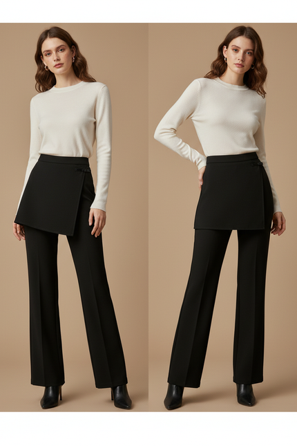 Pantalon Jupe Noir Droit Superposé Élégant Femme - Gabardine