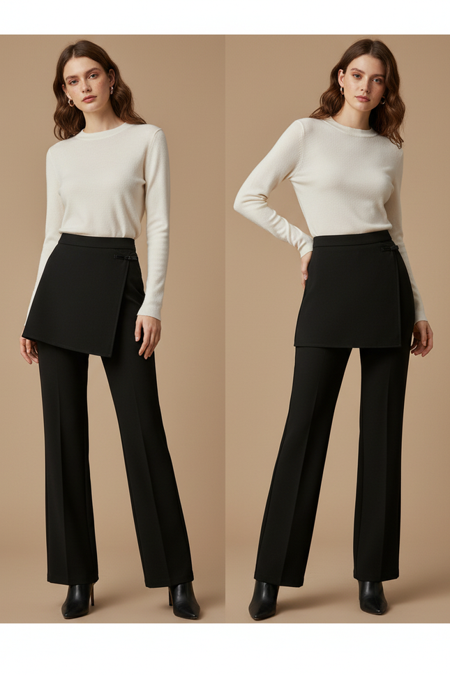 Pantalon Jupe Noir Droit Superposé Élégant Femme - Gabardine