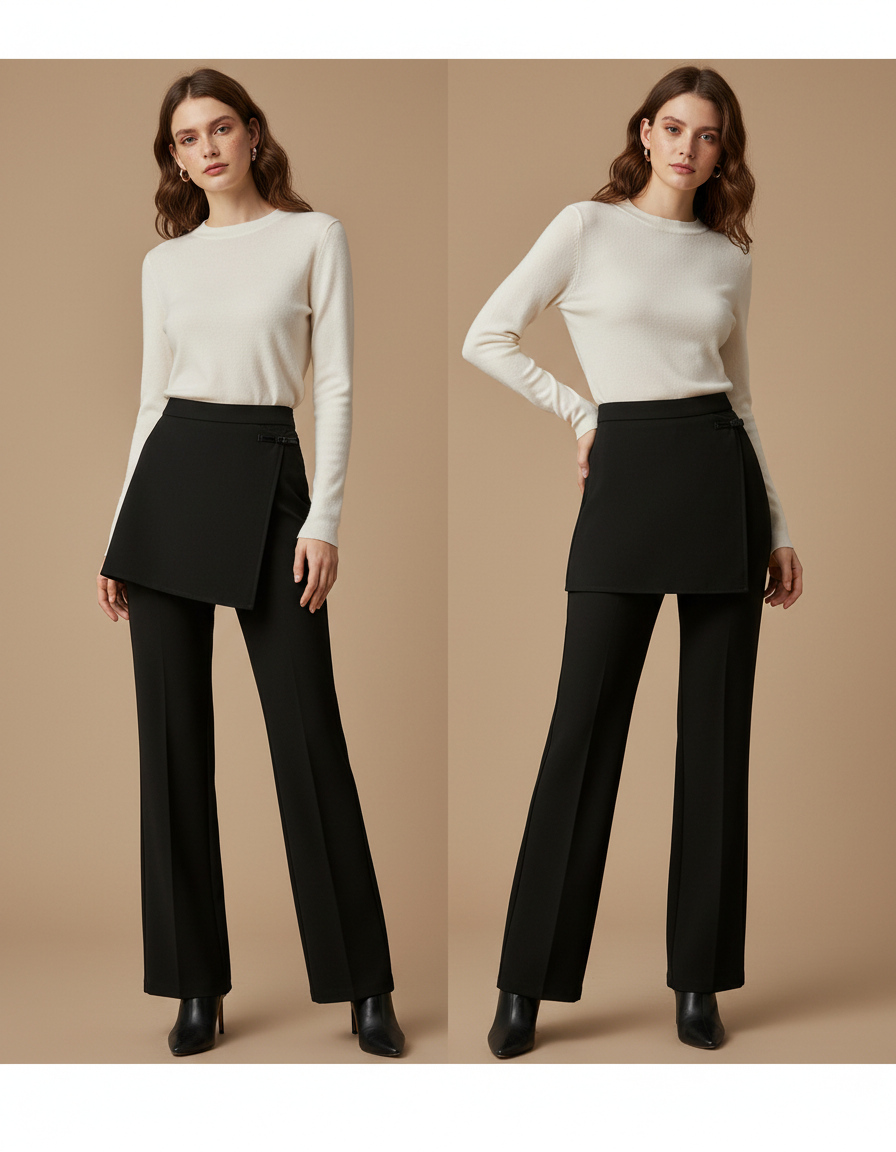 Pantalon Jupe Noir Droit Superposé Élégant Femme - Gabardine
