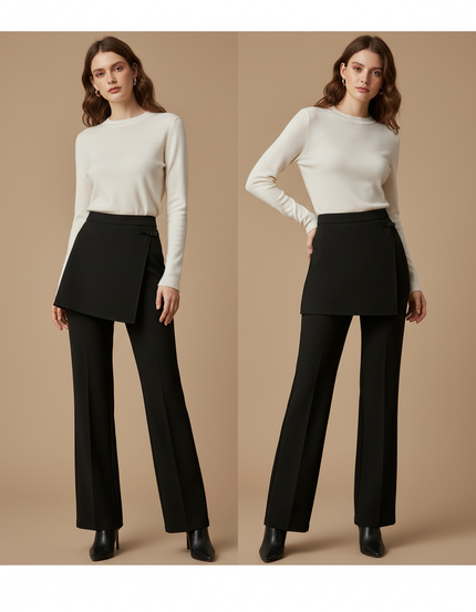 Pantalon Jupe Noir Droit Superposé Élégant Femme - Gabardine