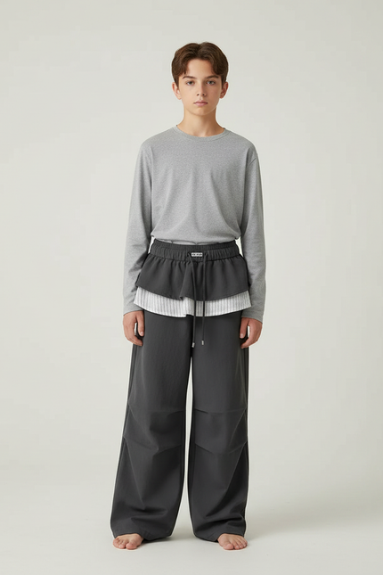 Pantalon Jupe Gris Ample Superposé Décontracté Enfant - Polyester